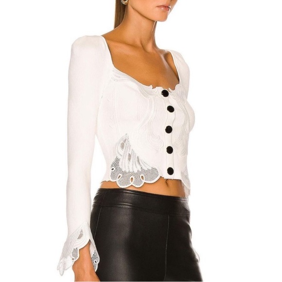 Self-Portrait Inserted Lace Ribbed Knit Cardigan Top - Picture 2 of 10